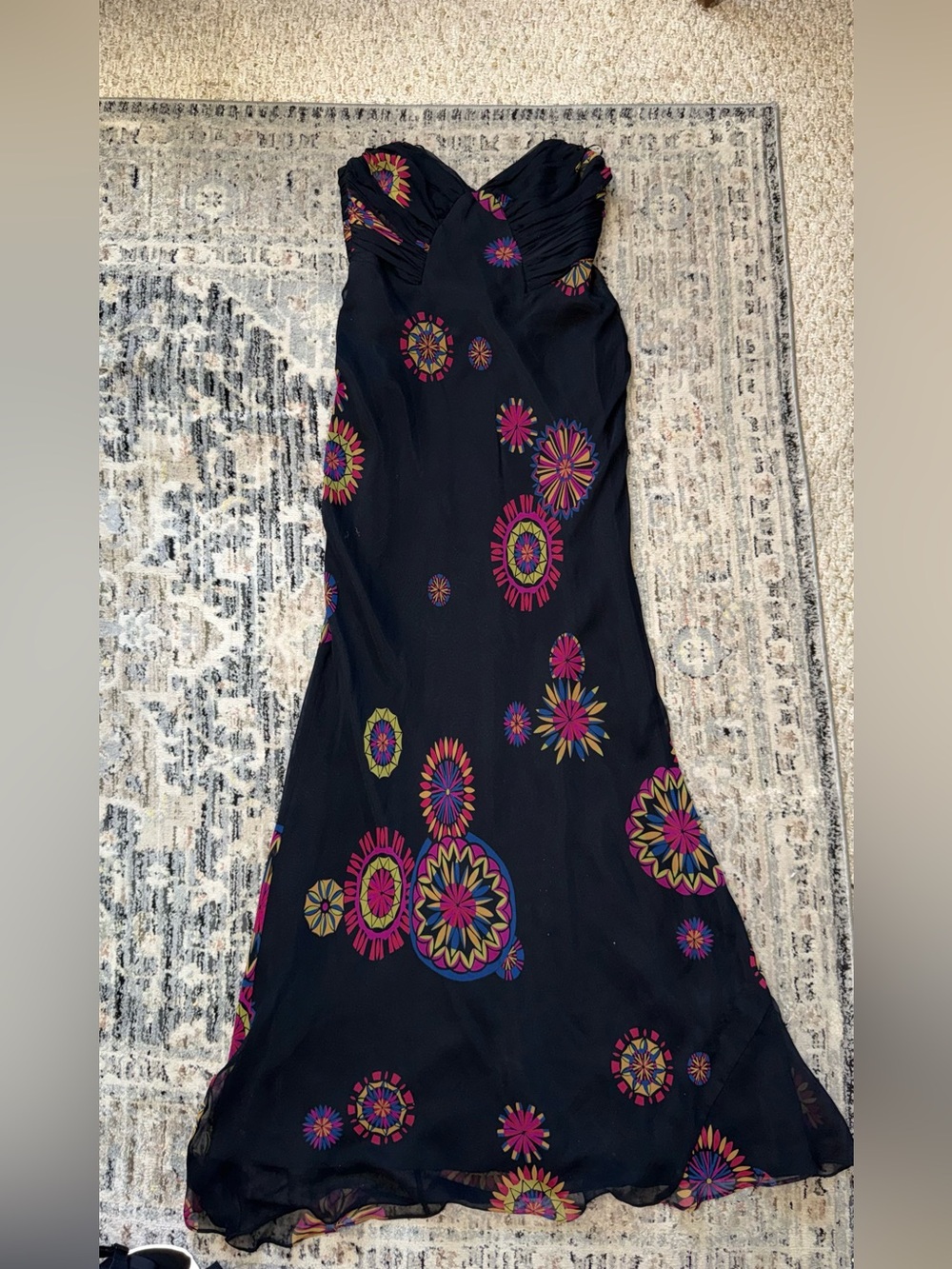 David Meister Black Strapless Maxi Dress with Multicolor Floral Medallions